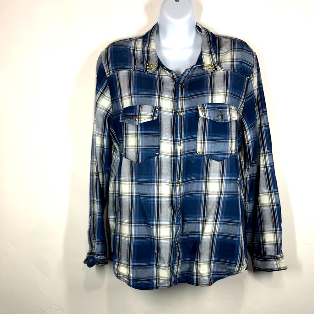 H&M blue plaid snap button flannel size 10